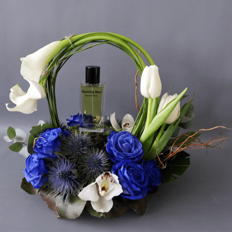 Beaming Blue 2_3 Beaming blue perfume with calla lily and tulips and blue roses