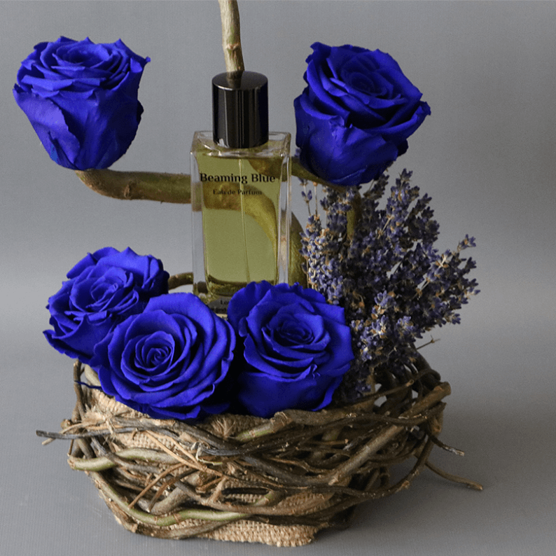 Beaming Blue perfume with Long Lasting Blue Roses_2 beaming blue perfume close up