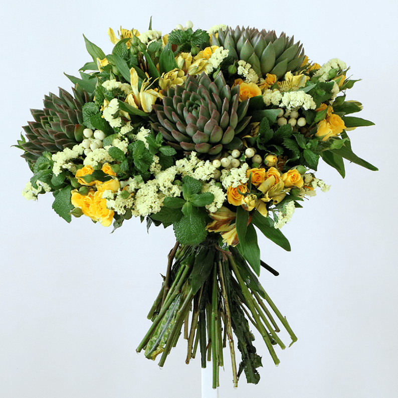 Yellow and green bouquet with succulents succulents, yellow yellow spray roses, statice and mint in a bouquet