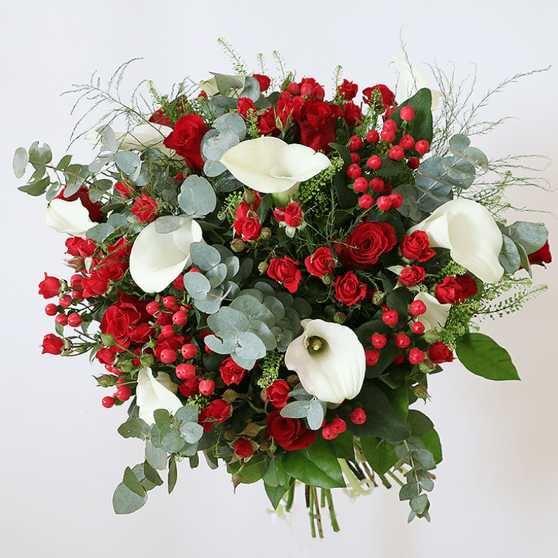 Red and white bouquet Romantic Red spray rose, red hypericum and white calla lily bouquet