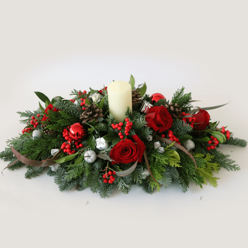 Red and White Festive Arrangement red roses and white flower festive table arrangement