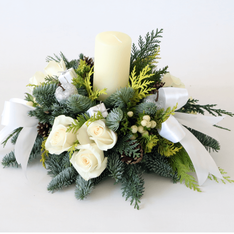 White Candle Arrangement white pillar candle in spruce with white roses