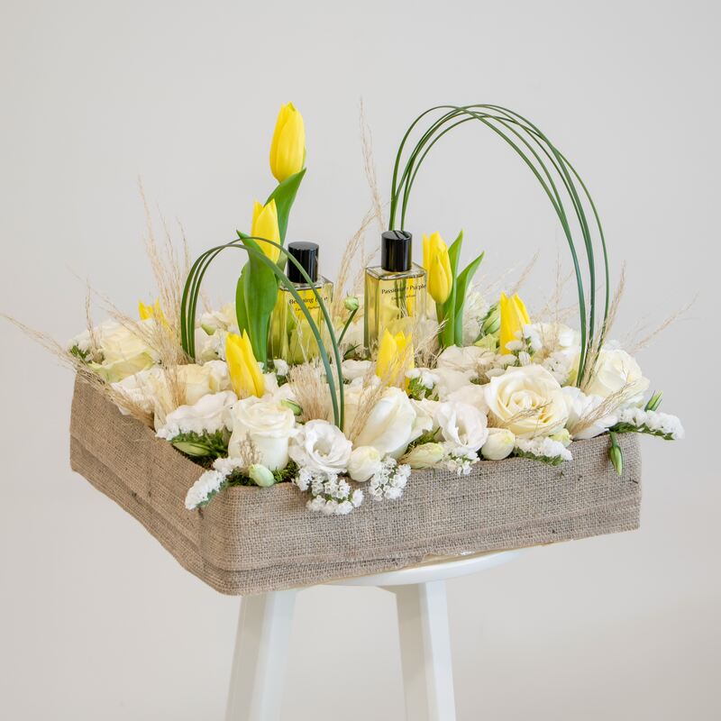 Fathers day arrangement with perfume Perfume with flowers