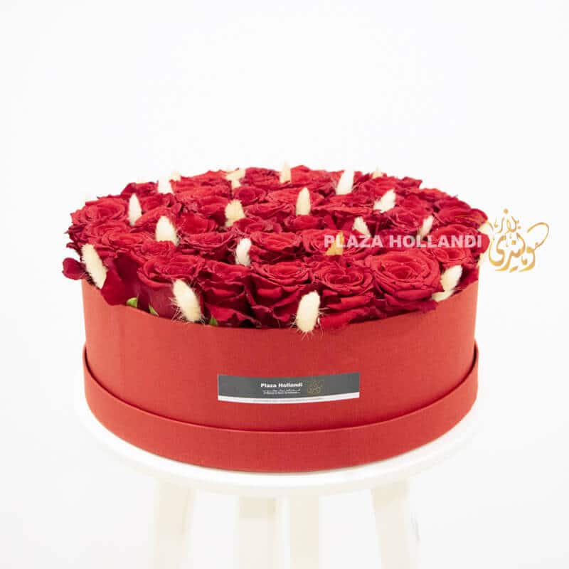 Hollandi Box Red 1 Round box with red roses and bunny tails