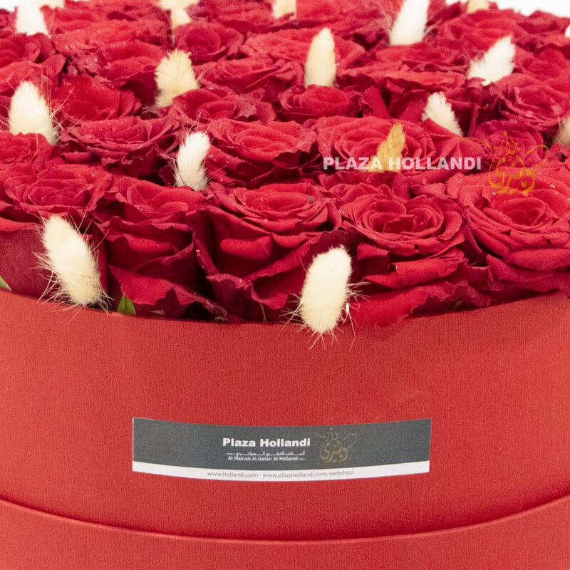 Hollandi Box Red 2 Round box with red roses and bunny tails