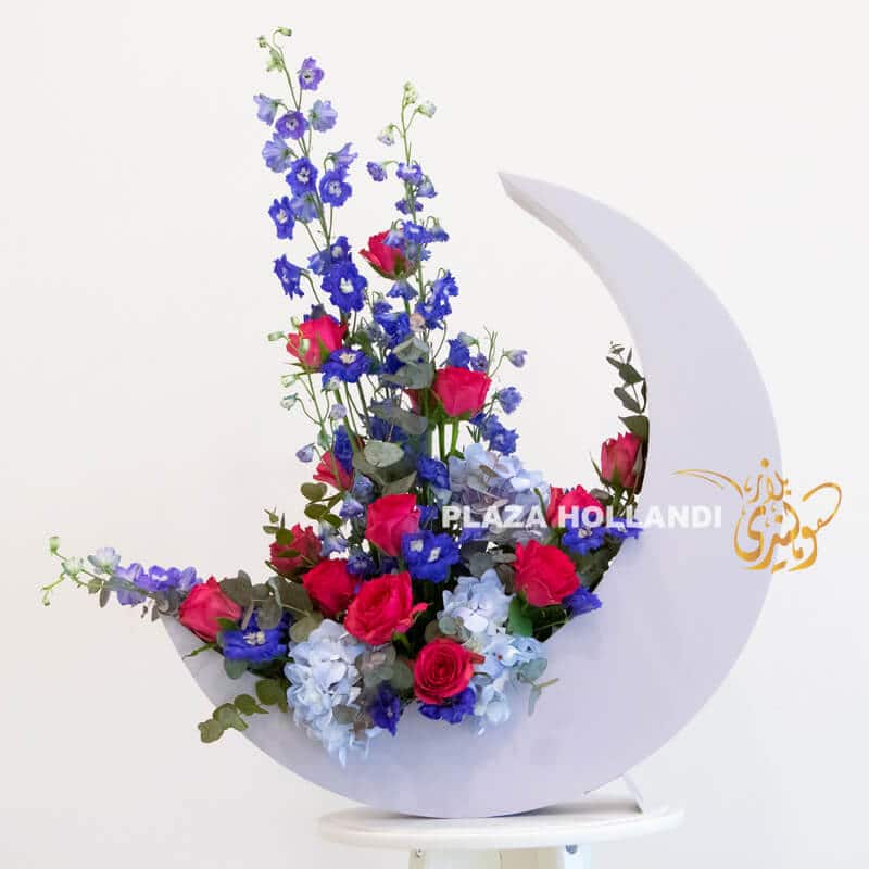 Moon B 3 Blue crescent moon with roses for ramadan