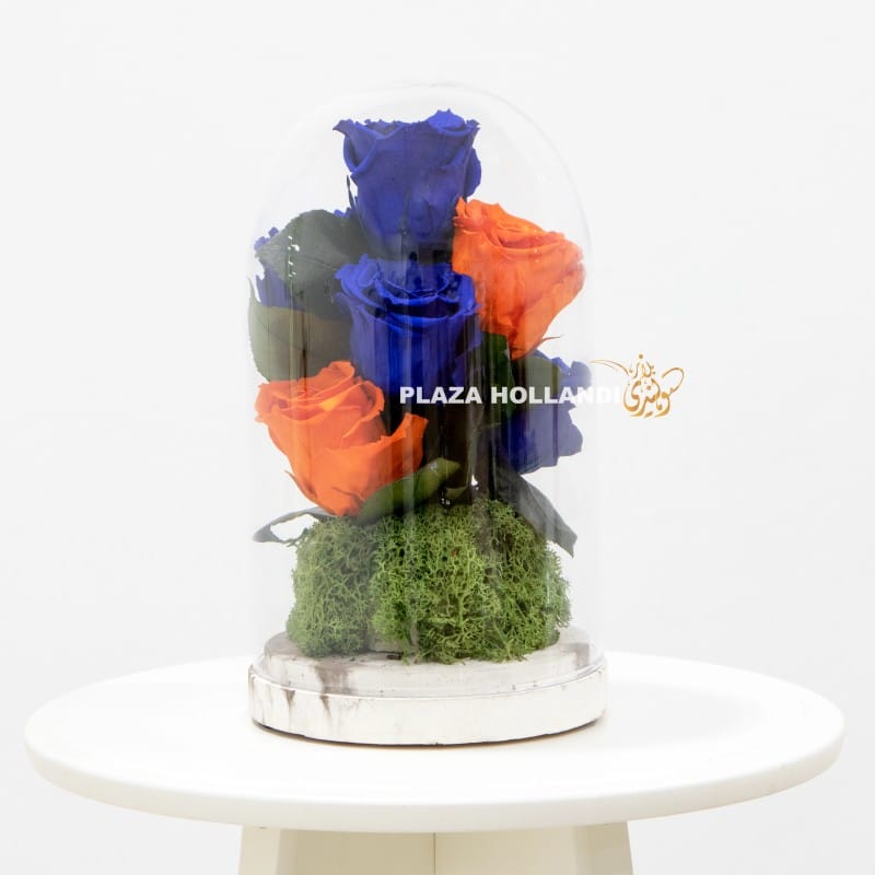 13 Blue and orange preserved rose arrangement