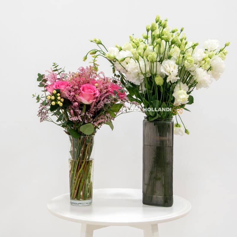 11 Pink mix bouquet and white eustoma in a glass vase