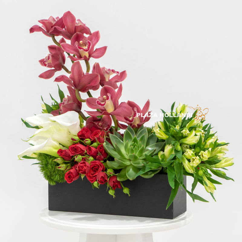4.2 Black box filled with orchids, eustoma, spray rose and calla lily flowers
