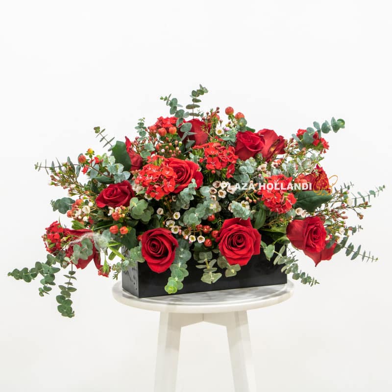 9 Red roses with eucalyptus in a black box