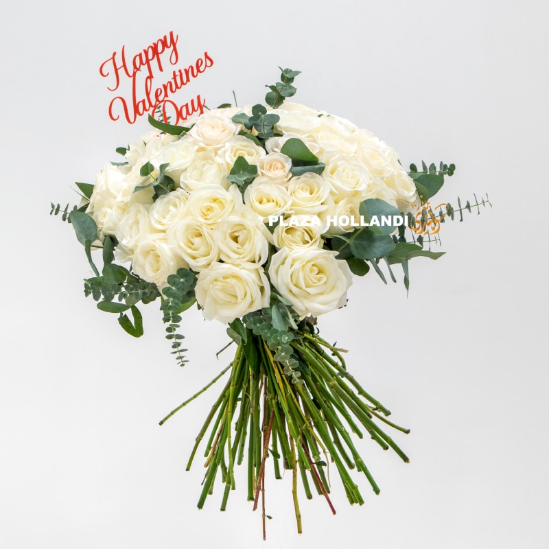 White bouquet Valentine's Day White rose bouquet with red Valentine's Day sign