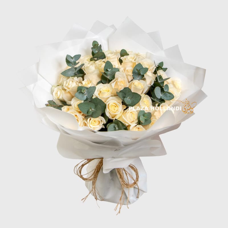 6 white roses and eucalyptus bouquet