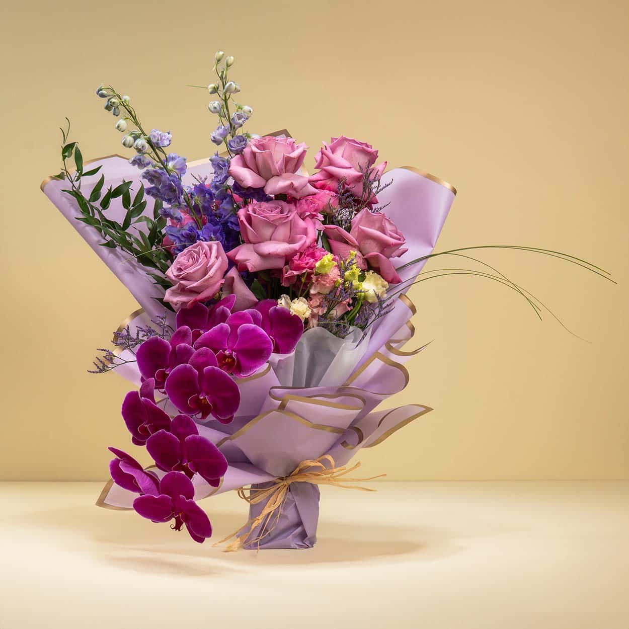 Royal Purple Mist - Roses Phalaenopsis Limonium Delphinium